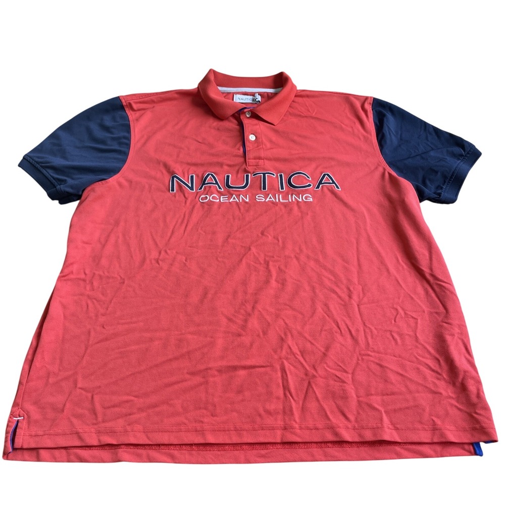 Nautica Polo Shirt Men's XL Red Navy Ocean Sailing Collared Short Sleeve Logo